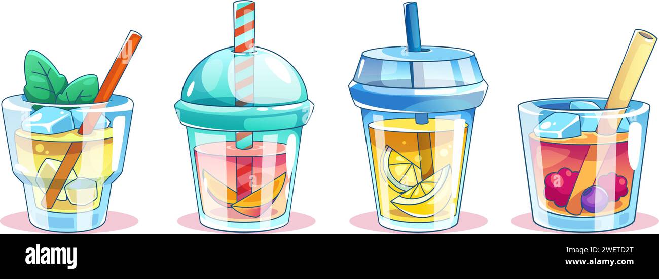 Fruit cocktail glasses set isolated on white background. Vector cartoon illustration of lemonade, alcohol, sweet soda drinks with pieces of lemon, man Stock Vector