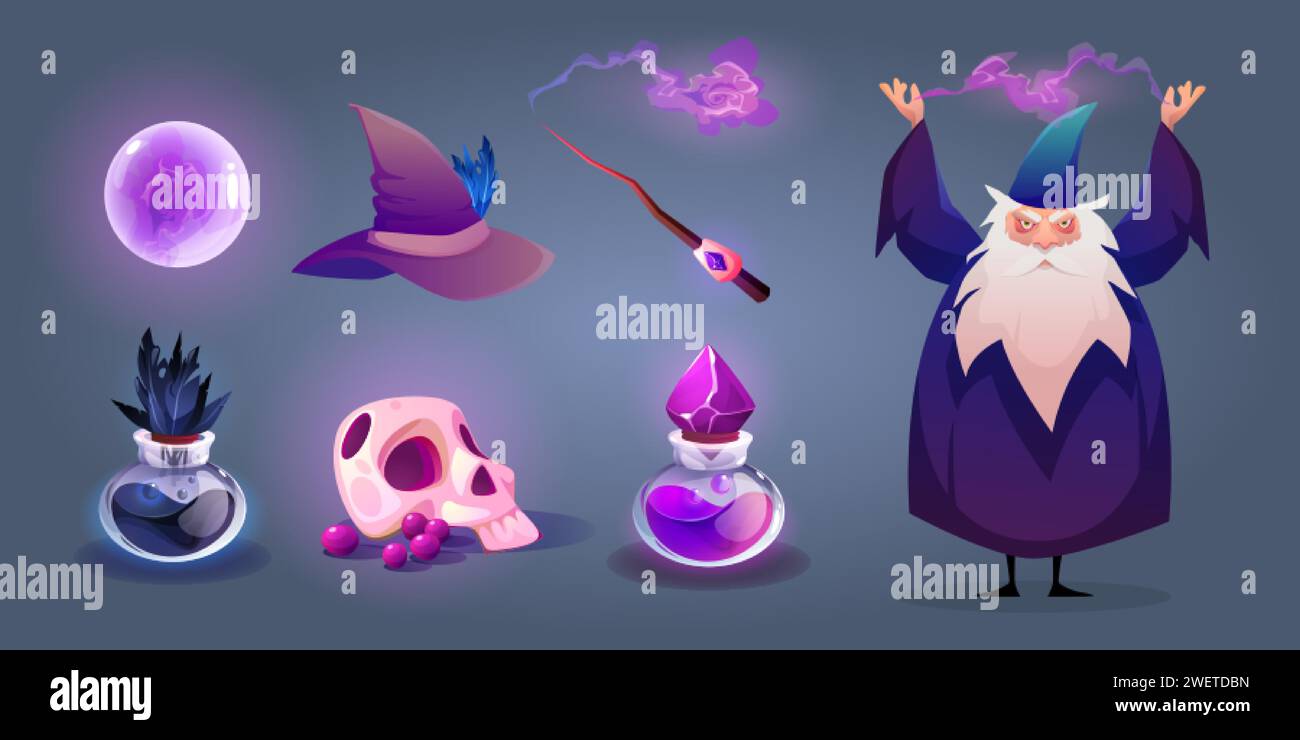 Wizard with magic stuff. Cartoon vector set - old male sorcerer ...