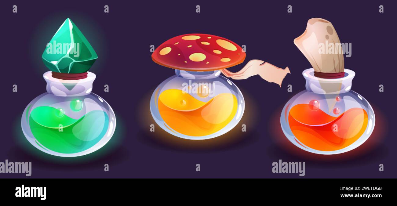 Glass bottles with magic colorful potion or medicine with emerald