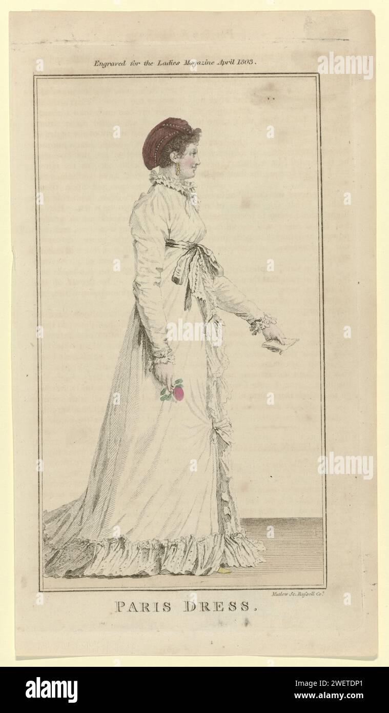 The Lady's Magazine, April 1803 : Paris Dress, 1803 Woman in a dress from  Paris, trimmed with wrinkled fabric strips. Long sleeves, closed in front  (?) With bows and a tow. Accessories: