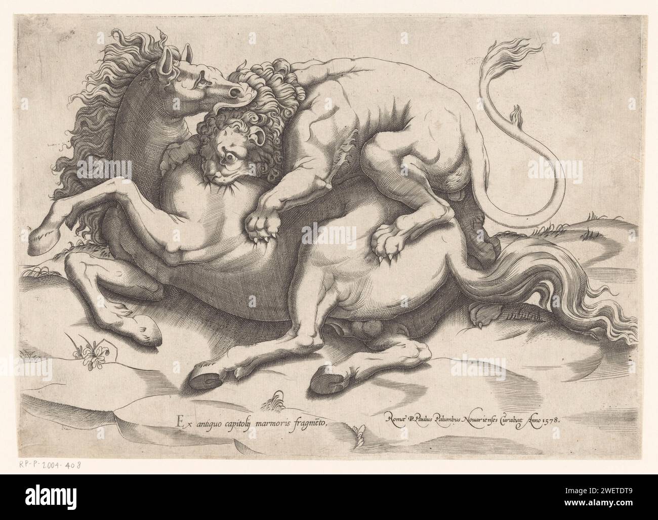 Horse attacked by a lion, 1578 print A lion and a horse in fight. The lion climbed the horse in an attack. He bitten himself in the skin of the horse, while the horse in turn biting the Lion's head.  paper engraving beasts of prey, predatory animals: lion. horse. animals (+ fighting animals; aggressive relations) Stock Photo