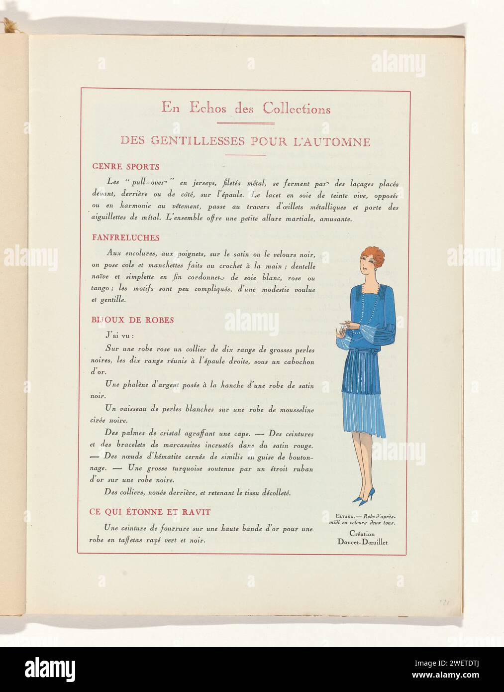 Art - Taste - Beauty, female elegance sheets, November 1928, No. 99, 9th year, p. 21, Anonymous, 1928  Text with image of a woman in an afternoon dress of velvet in two shades of blue. Design from Doucet Doeuillet. Page from the fashion magazine Art-Goût-Beauté (1920-1933).  paper  fashion plates. dress, gown: day dress (+ women's clothes). necklace (+ women's clothes) Stock Photo