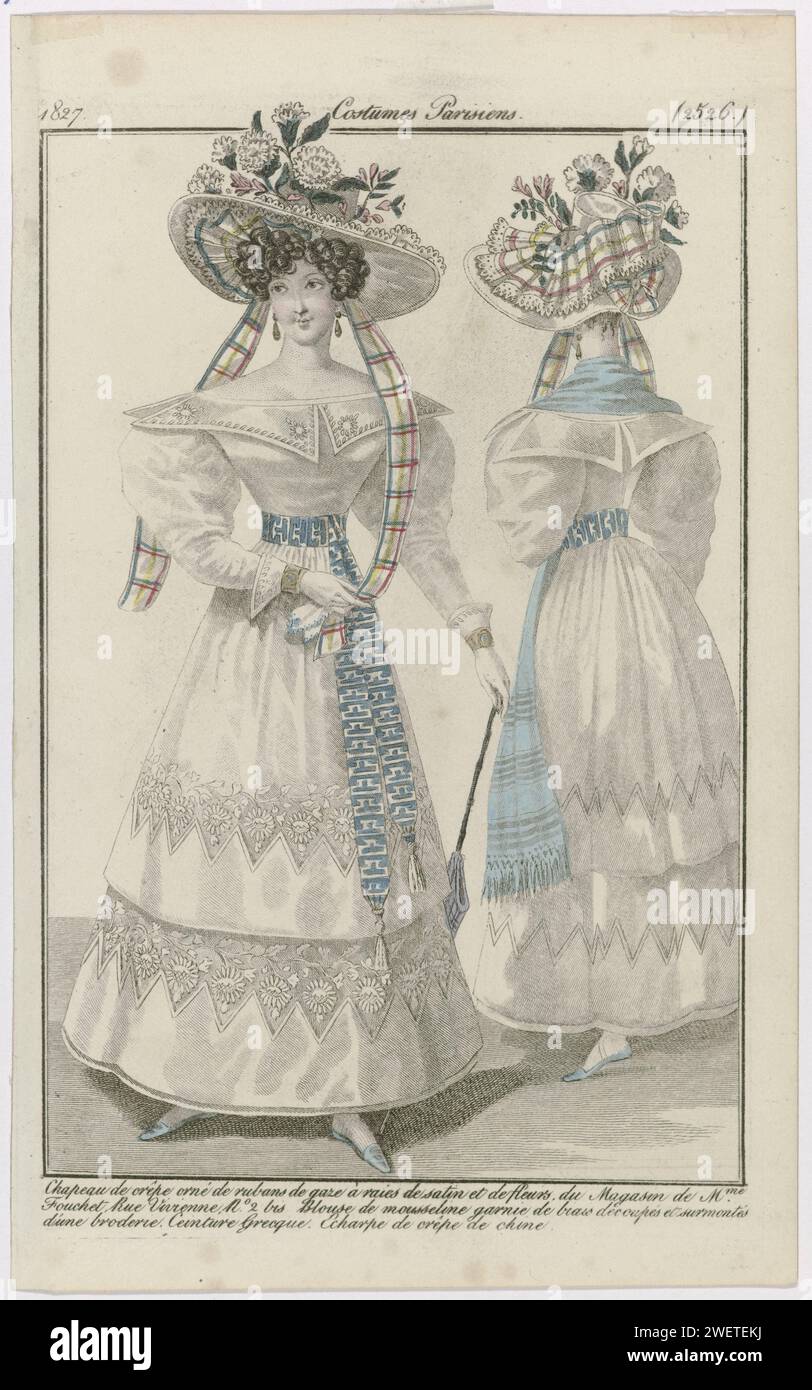 Journal of the ladies and fashions, Parisian costumes, August 15, 1827, (2526): Crêp hat (...), 1827  Woman dressed in a 'blouse' of mousseline decorated with a 'biais découpés et surmontés d'une Broderie'. On the head a hat of crepe decorated with flowers and ribbons from tulle with satin stripes, from the Fouchet store. 'Ceinture Grecque' and a scarf of 'Crepe de Chine'. Further accessories: earrings, gloves, parasol, flat shoes. Figure in the same ensemble, seen on the back. The print is part of the fashion magazine Journal des Dames et des Modes, published by Pierre de la Mésangère, Paris, Stock Photo