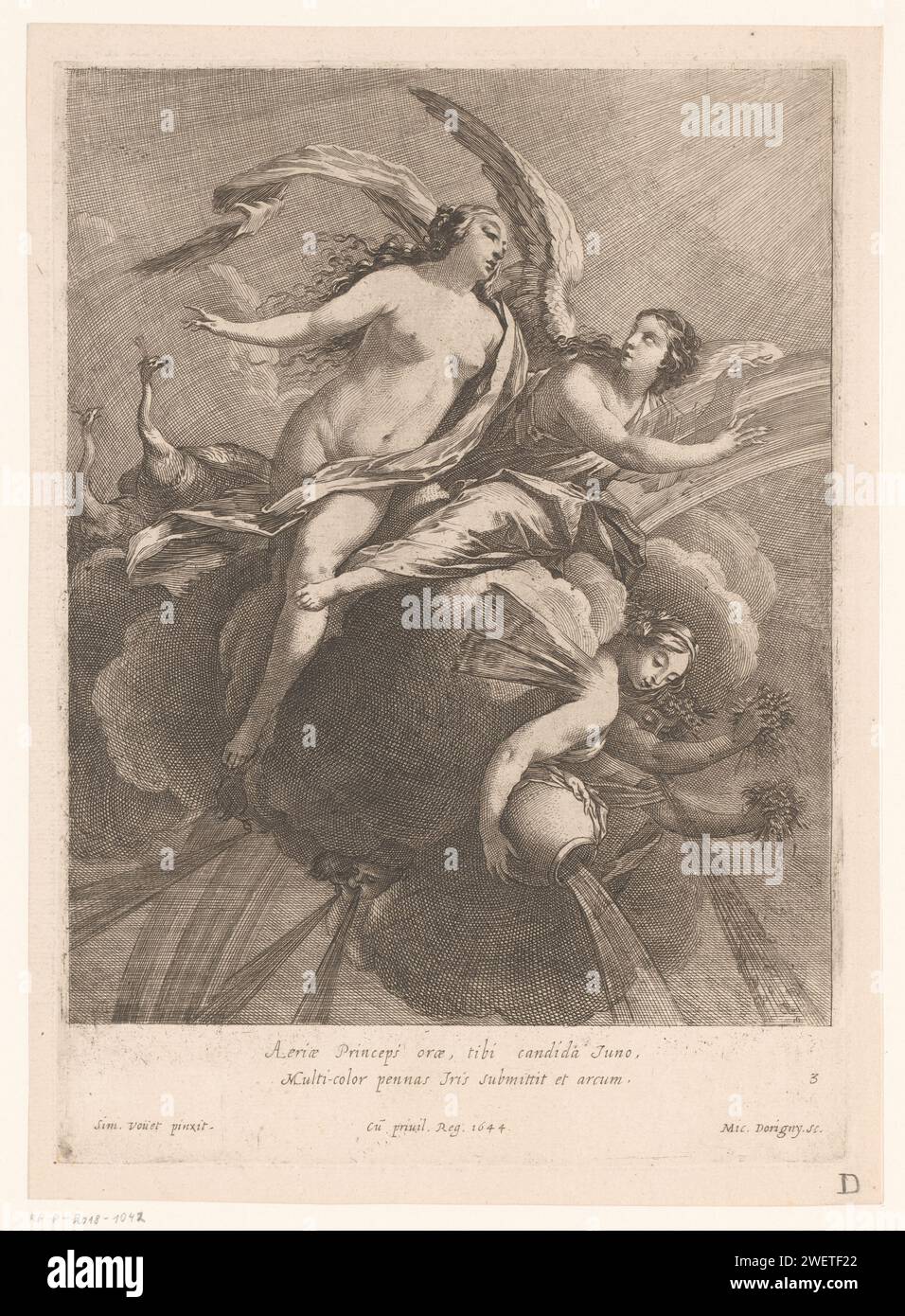 Juno, Michel Dorigny, after Simon Vouet, 1644 print Numbered in the bottom right: 3.  paper engraving / etching (story of) Juno (Hera). Iris Stock Photo