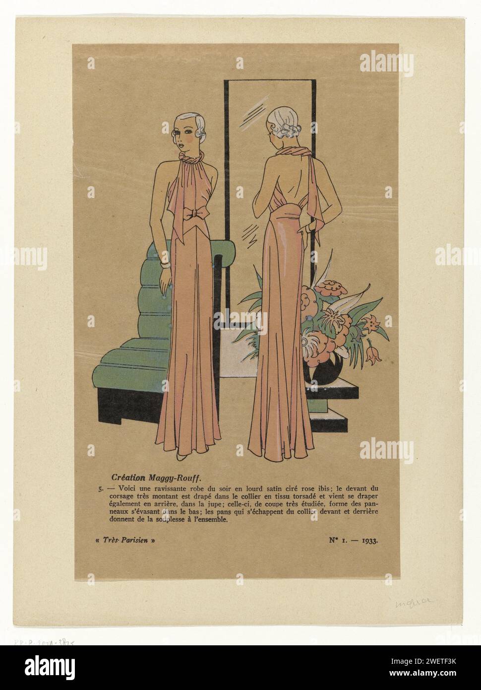 Very Parisian, 1933, No. 1: Maggy-Rouffe creation. / 5. - Here is a lovely  (...), 1933 Design by Maggy-Rouff. Evening dress of pink 'Lourd Satin Cir'  (satin). Print from the fashion magazine