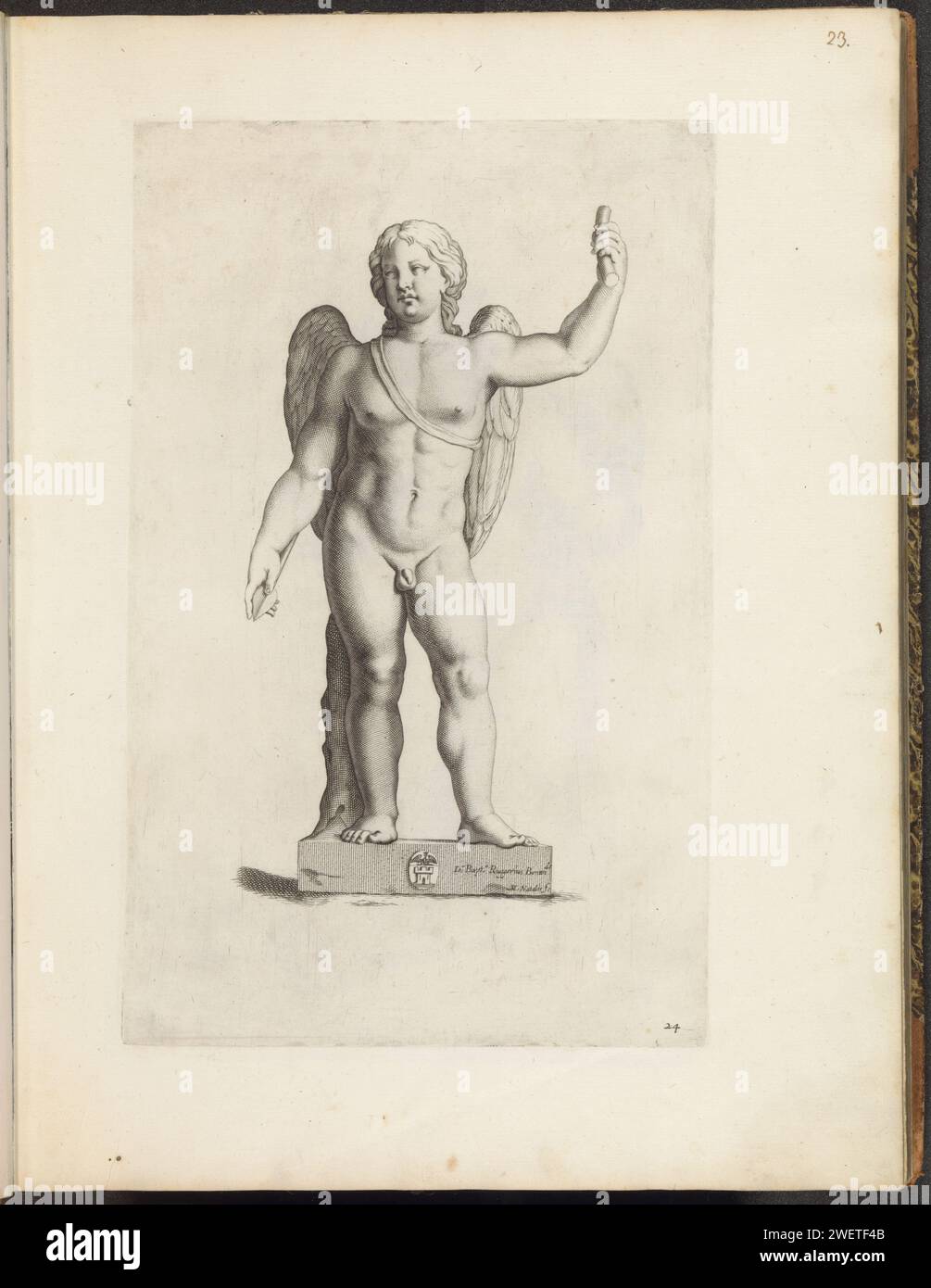 Statue of Amor, 1636 - 1647 print Statue of winged Amor, an arrow in his right hand, in his left hand an excerpt of an arc. On the base the coat of arms of Vincenzo Giustiniani. Print is part of an album with a series of prints to the sculptures in the collection in the Galleria Giustiniani in Rome.  paper engraving (story of) Cupid, Amor (Eros). attributes of Cupid: arrow(s). piece of sculpture, reproduction of a piece of sculpture Stock Photo