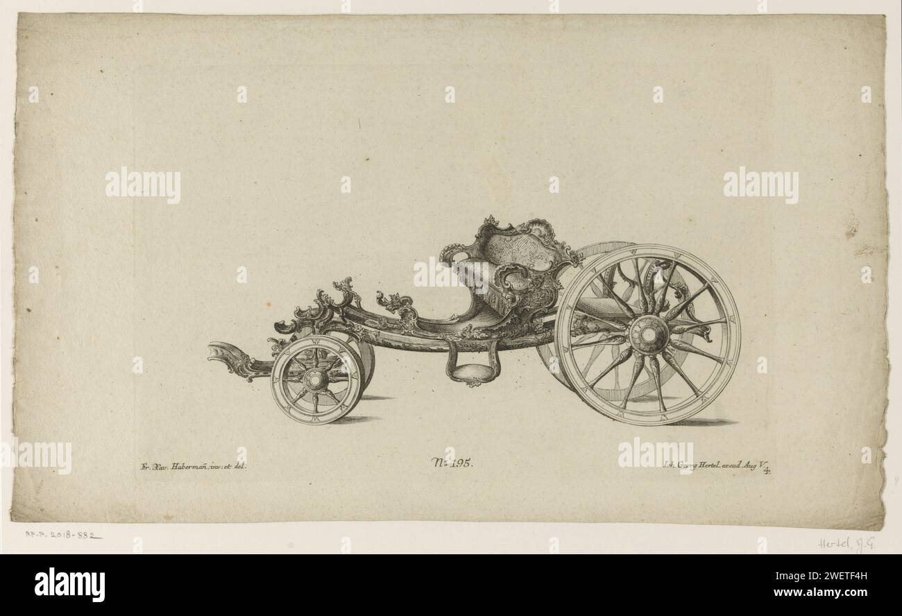 Open Koets, Anonymous, after Franz Xaver Habermann, 1731 - 1775 print Open carriage with rocaille ornaments and leaf motifs. Publishing number 195.  paper etching / engraving four-wheeled, animal-drawn vehicle, e.g.: cab, carriage, coach Stock Photo