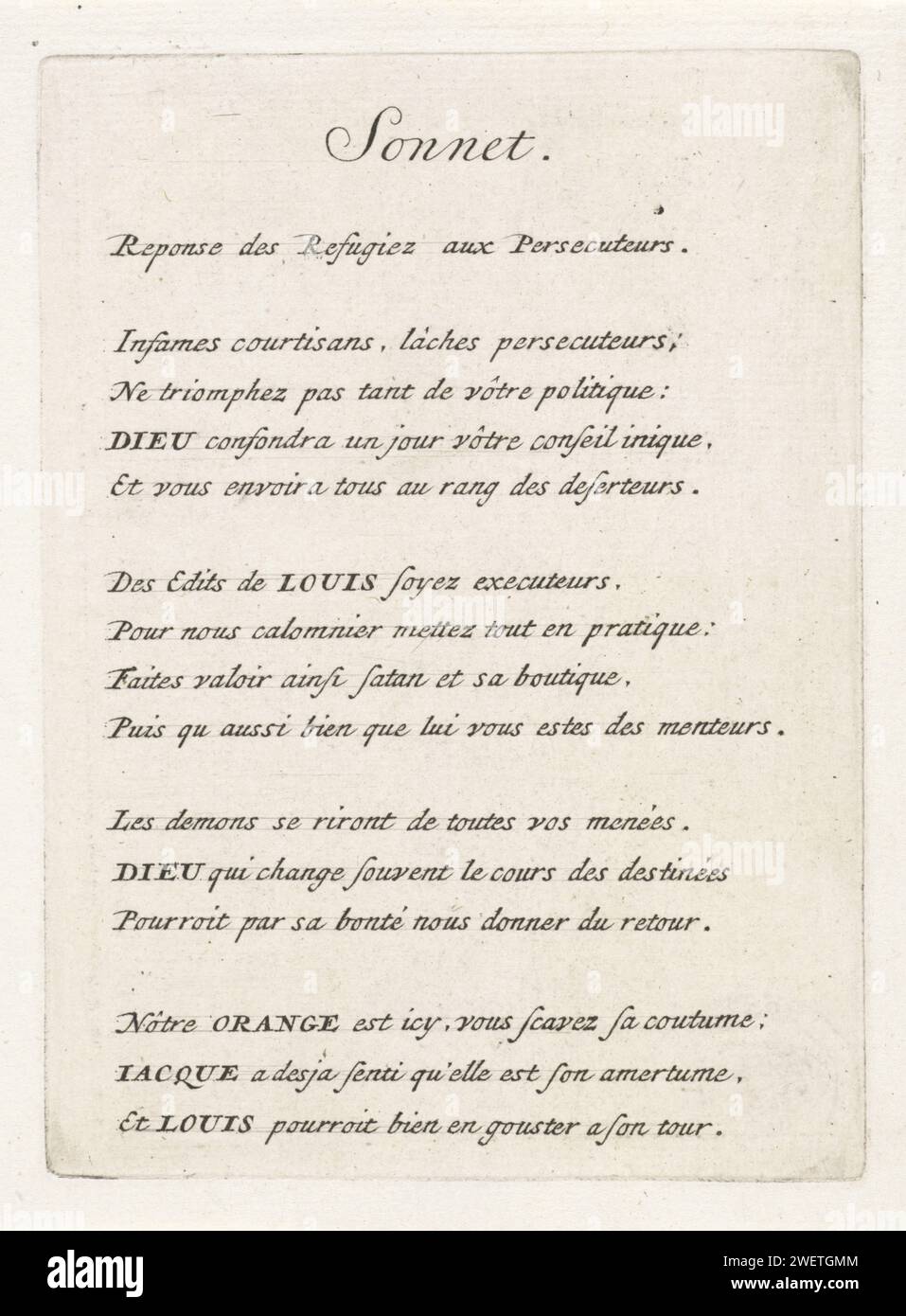 Sonnet as the second title page for the 'Les Héros de la Ligue' series, Anonymous, 1691 text sheet. poem   paper engraving Stock Photo