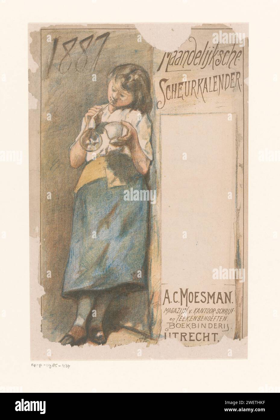 Tear -off calendar with bubble -blunt girl, Johannes Moesman, 1887 print The girl leans against a wall. Right has saved space for the calendar.  paper  calendar, almanac. bubble-blowing (children's games and plays). adolescent, young woman, maiden Stock Photo
