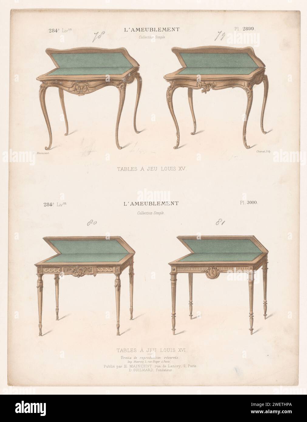 Four gaming tables, Chanat, 1885 - 1895 print Four gaming tables in the styles of Louis XV and Louis XVI. Print from 284th Livraison.  paper  table Stock Photo