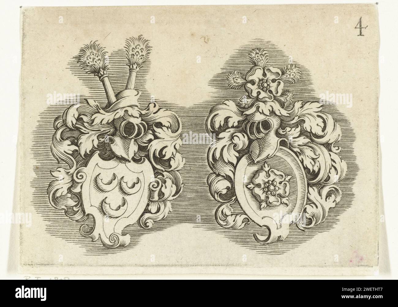 Two coats of arms, c. 1611 - c. 1625 print Links of 'Principality of Engenn', Rechts of 'Burgraviat of Altenburg '.  paper engraving Stock Photo