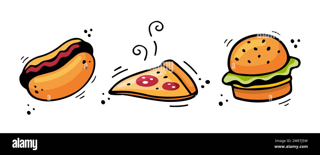 Hand drawn fast food icons Hot dog, Hamburger, Pizza. Sketch of snack ...
