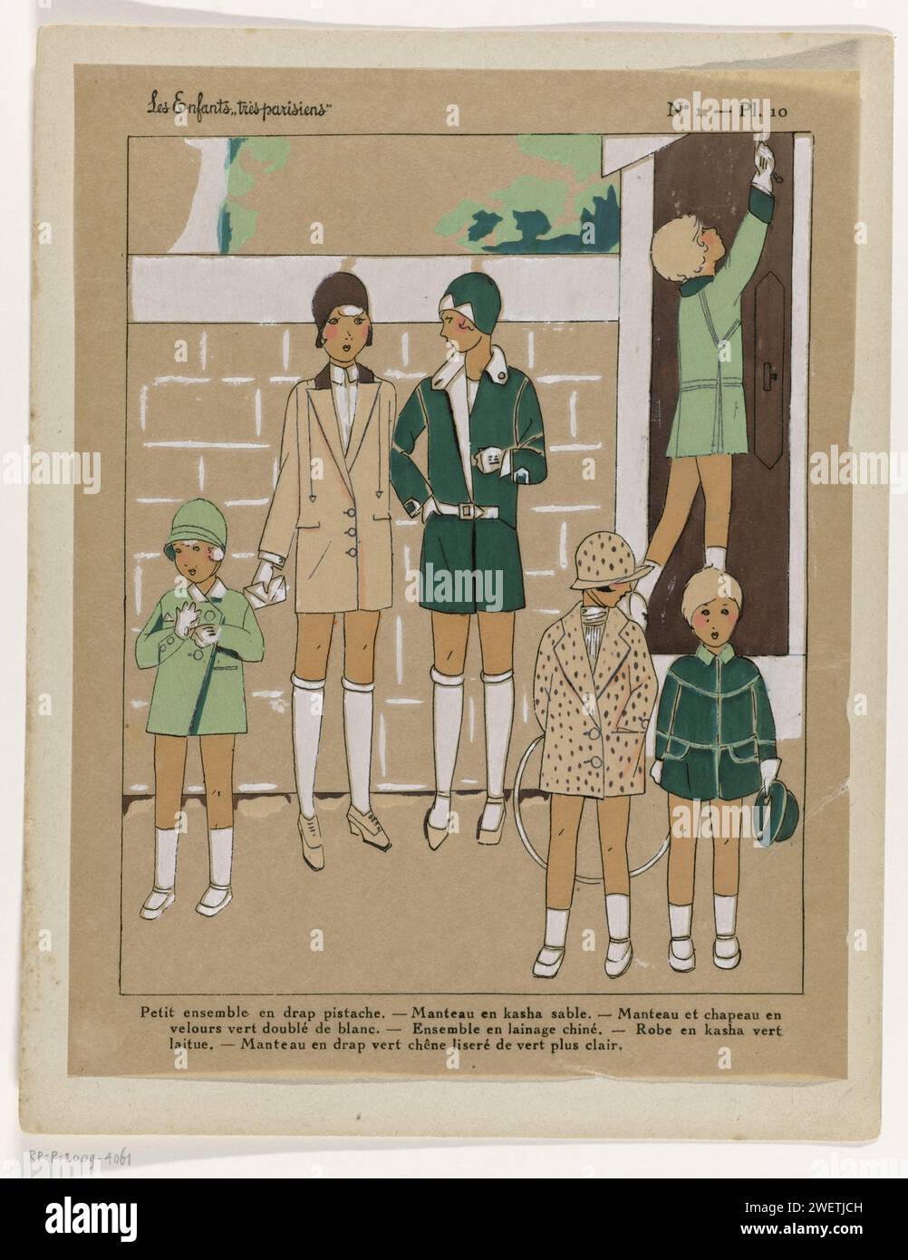 Very Parisian' children, CA. 1927, No. 1, pl. 10: Small set in pistachy sheet (...), c. 1927  Children's clothing. Ensemble of pistachio -colored sheet. Mantel of 'Kasha Sable'. Mantel and hat of green velvet lined with white. Ensemble of 'Lainage Chiné'. Green Kasha dress. Mantel of green sheet with a light green piping. Print from the fashion magazine Très Parisien (1920-1936).  paper letterpress printing fashion plates. dress, gown (+ girls' clothes). coat (+ girls' clothes). letter, envelope. (bowling a) hoop Stock Photo