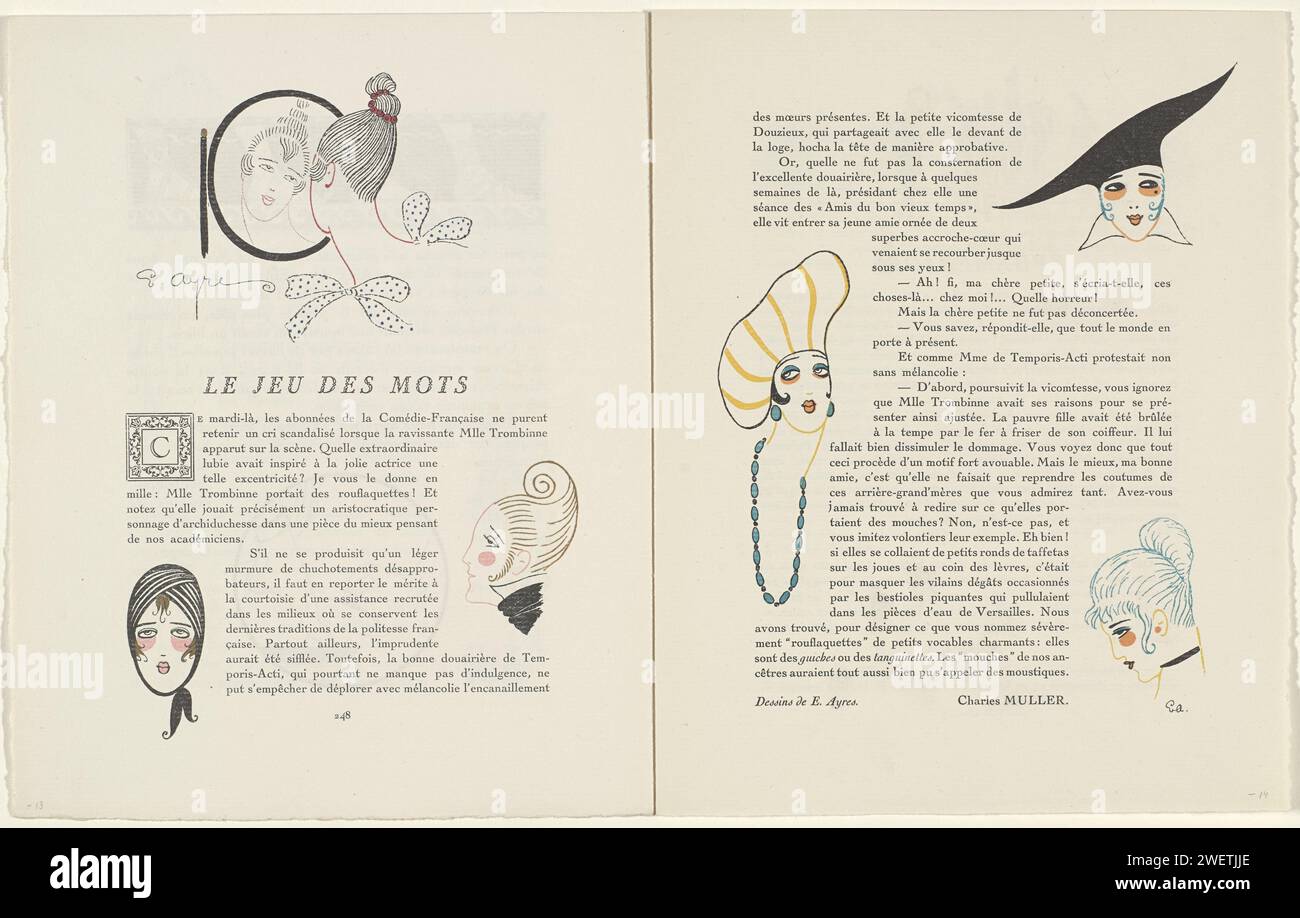GAZETTE DU BON TON, 1914 - No. 7, p. 249: The game of words, 1914  Text by Charles Muller with illustrations of women's hairstyles and hats. P. 249 from Gazette du Bon Ton 1914, No. 7.  paper letterpress printing fashion plates Stock Photo