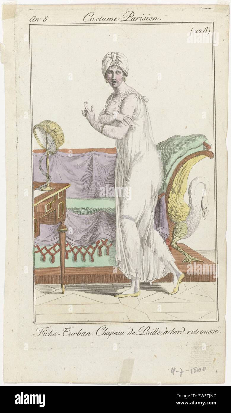 Journal of the ladies and fashions, Parisian costume, July 4, 1800, an 8, (228): damn turban (...), 1800  Woman, walking to the left, with a turban of a forku on the head. On the table a hat standard with straw hat, held the edge with a knot and lis. She is wearing a chemise and stockings. Further accessories: earrings, bracelet around the left arm, flat shoes with pointed noses. A couch in the background. The print is part of the fashion magazine Journal des Dames et des Modes, published by Pierre de la Mésangère, Paris, 1797-1839.  paper engraving fashion plates. underclothes for the whole b Stock Photo