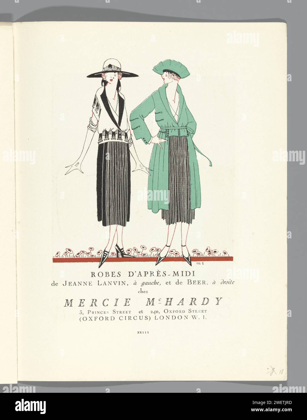 GAZETTE DU BON TON, 1920 - No. 3, p. XXIII: afternoon dresses by Lanvin and Beer, 1920  Advertisement by Mercie Mchardy, Oxford Street, London: Left a dress from Jeanne Lanvin, on the right a dress and cloak from Beer.  paper  fashion plates. dress, gown (AFTERNOON DRESS) (+ women's clothes) Stock Photo