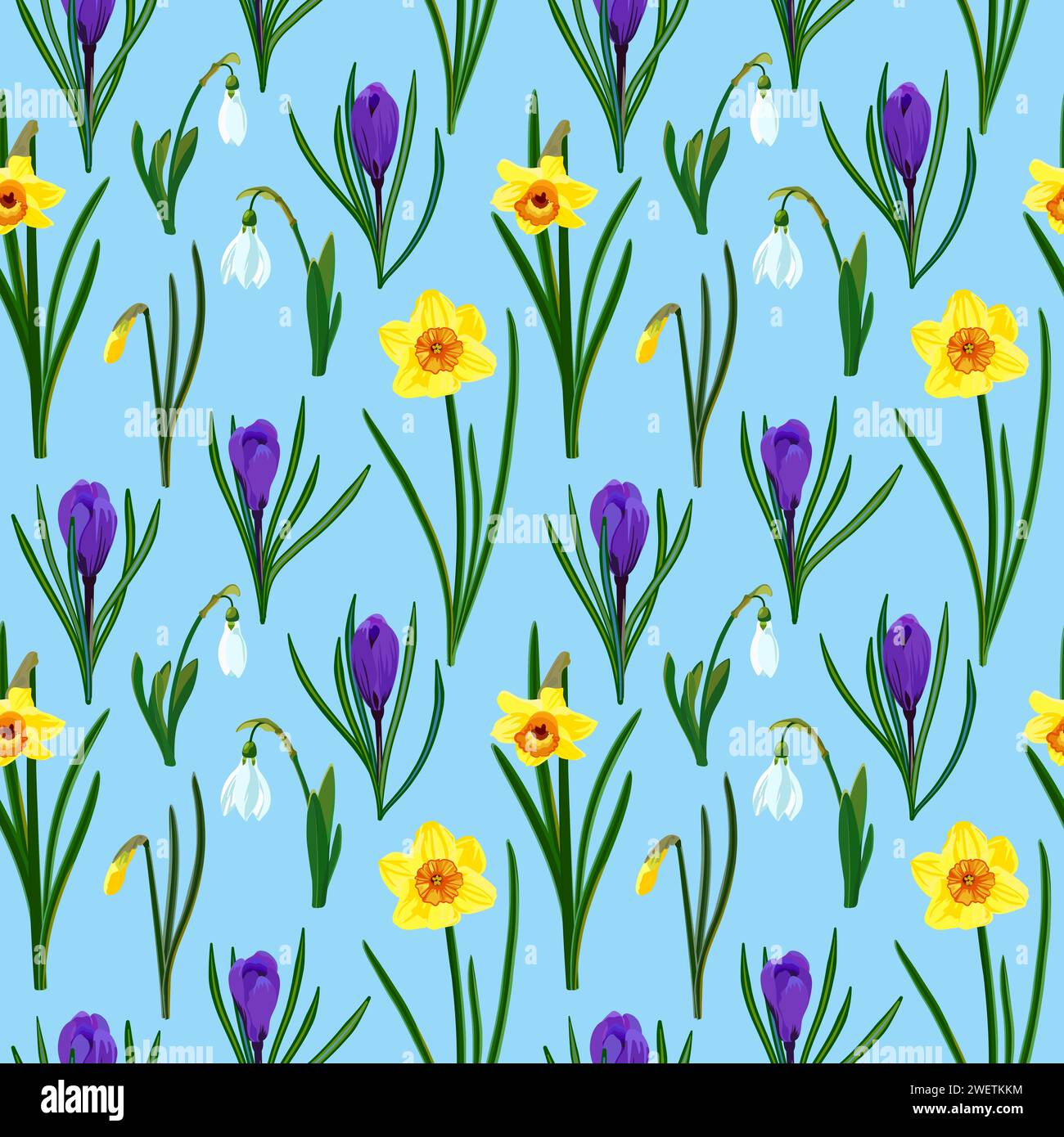 Seamless floral pattern with spring flowers on a blue background. Stock Vector