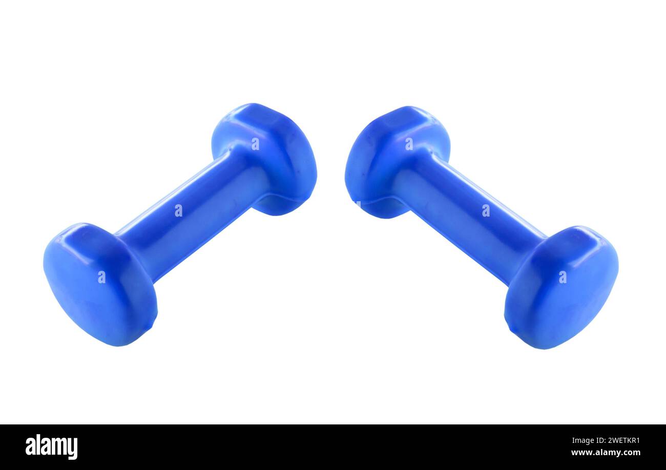 Two plastic coated dumbells isolated on white background Stock Photo