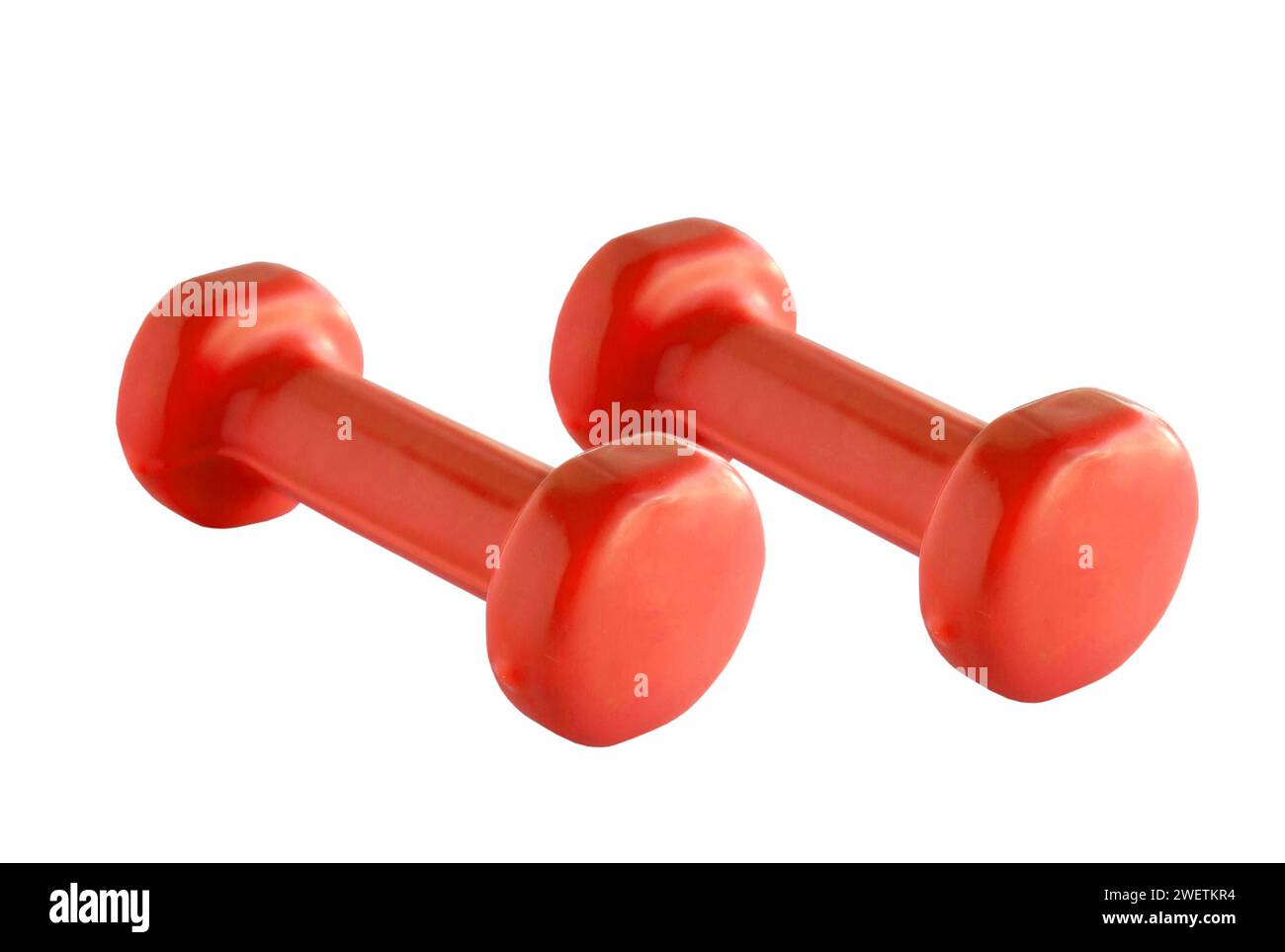 Two plastic coated dumbells isolated on white background Stock Photo