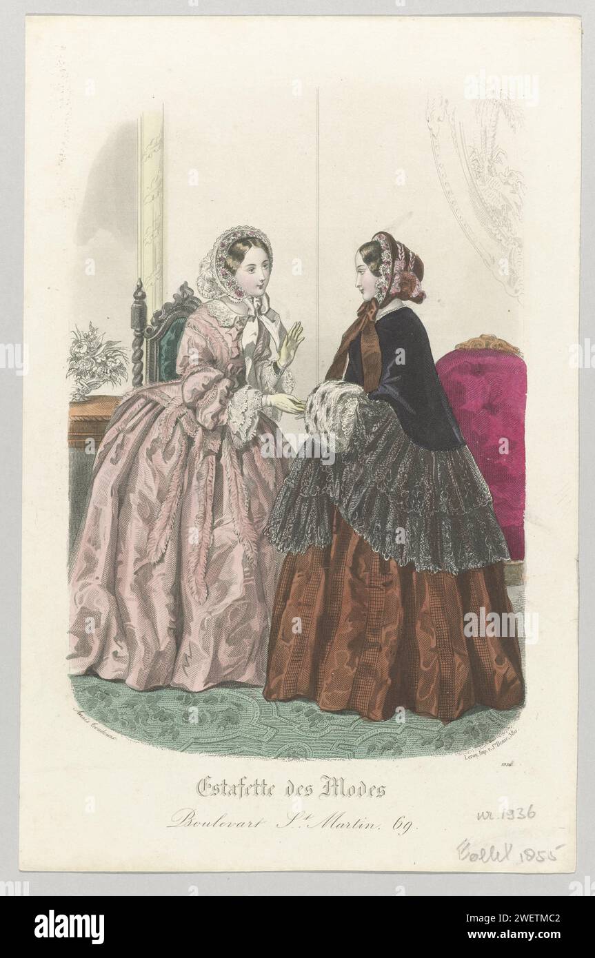 Estafette des Modes, 1855, No. 1936, 1855 Two women in an interior. Left: Pink  dress decorated with bows and ostrich. Accessories: white hat with  feathers, short gloves, bracelets around both wrists. Right: