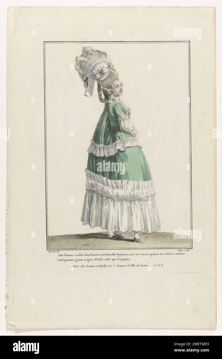 Gallerie of French modes and costumes, 1778, q 96: Pretty woman coeffered with a hat (...), c. 1778  Woman in Caraco with 'heats and sabot' on a skirt of apple -green taf side decorated with a strip of 'Gaze d'Italie'. On the hurt her a hat called 'Bonnet à la Nouvelle Paysanne'. Red shoes with heel and rectangular buckle. Print from series Q. 16th Cahier de Costumes Français, 10th Suite d'Habillemens à la Mode, Gallerie des Modes et Costumes Français.  paper engraving fashion plates. head-gear: cap (+ women's clothes). head-gear (BONNET Ã LA PAYSANNE) (+ women's clothes). styles of hairdress Stock Photo