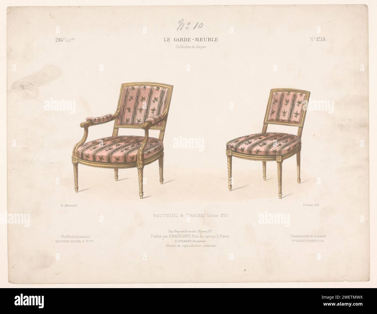 Armchair and chair, Chanat, 1885 - 1895 print An armchair and chair in the Louis XVI style. Print from 295th Livraison.  paper  seating furniture Stock Photo