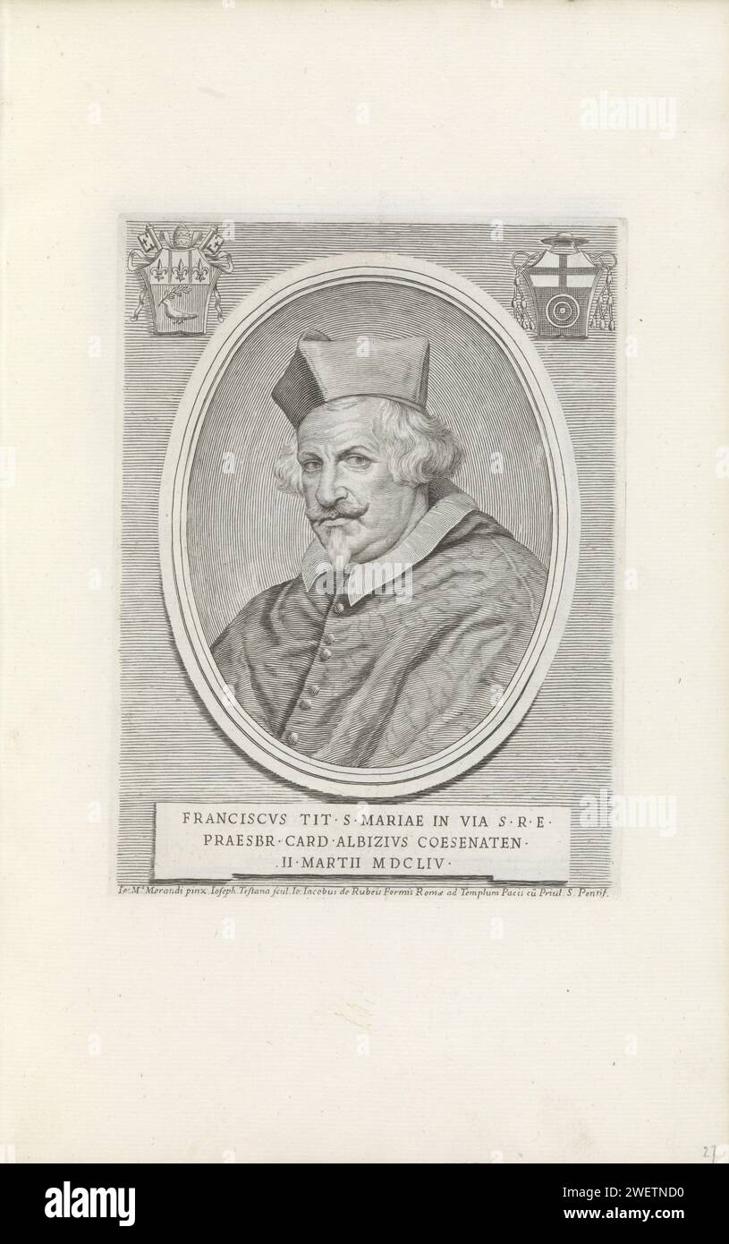 Portrait of Cardinal Francesco Albizzi, 1658 print Portrait of Cardinal Francesco Albizzi. At the top left of the weapon of Pope Innocent X and the top right of the arms of Albizzi. At the bottom of a caption in Latin. The print is part of an album.  paper engraving cardinal Stock Photo