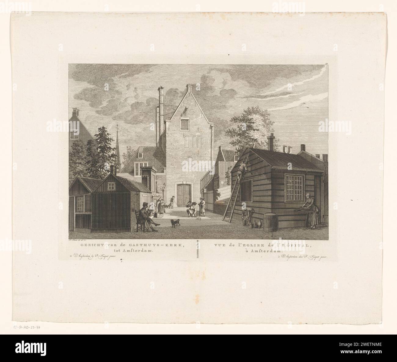View of the Gasthuiskerk in Amsterdam, Hermanus Petrus Schouten (Possible), After Hermanus Petrus Schouten, c. 1770 - 1783 print View of the Gasthuiskerk on the Gasthuishof on the Oude Turfmarkt in Amsterdam. Different figures on the street. On the right a man is smoking pipe, behind it a woman gets water. In the middle, two men are busy laying stones. On the right two men are busy with paintwork and a woman does the laundry. Under the show the title in Dutch and French. Numbered at the top right: 55.  paper etching / engraving church (exterior) - QQ - small church, chapel. street (+ city(-sca Stock Photo