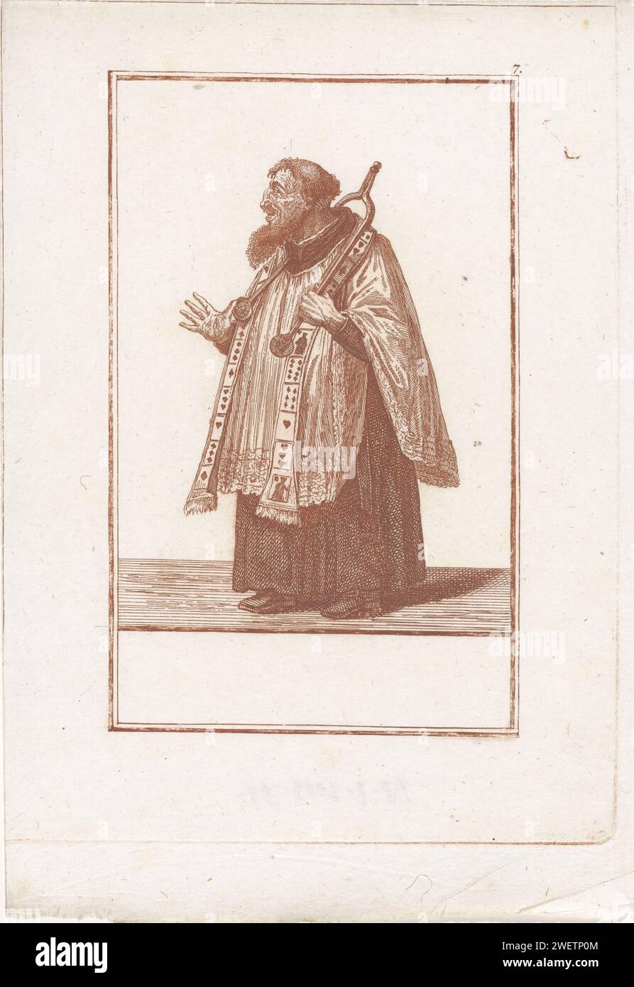 Monnik with fireplace iron around the neck, Jacob Gole (attributed to), after Cornelis Dusart, 1724 print A bearded monk. He wears the white albe and a stola, made from playing cards. A hair iron around his neck. The print is part of a 50-part series on the subject of the abuses of the Catholic clergy.  paper etching monk(s), friar(s). (aspects of) Christian Religion or the Church (as institution) ridiculed, criticized, or caricaturized. playing-cards. stole. andiron, fire-dog Stock Photo