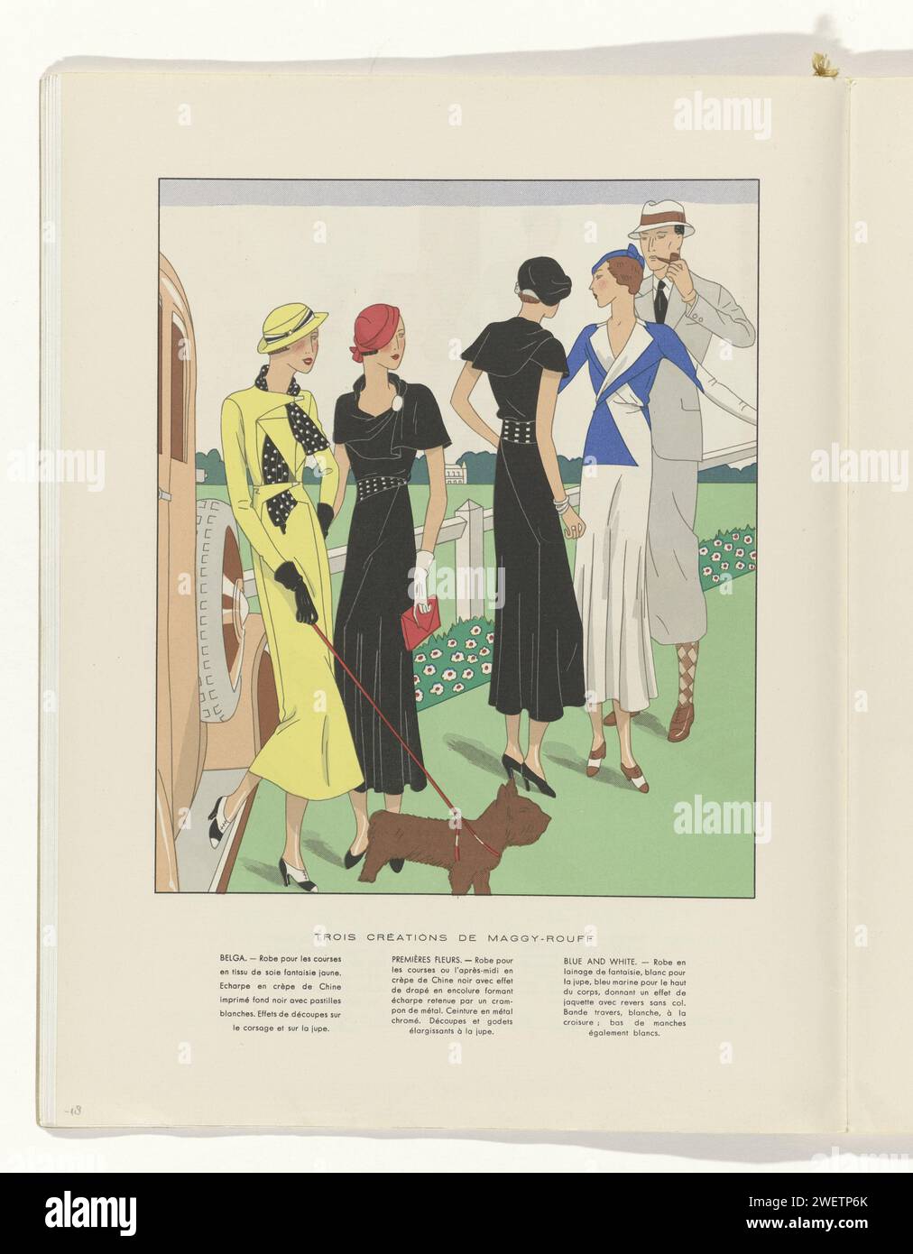 Art - Taste - Beauty, female elegance sheets, June 1932, No. 142, 12th year, p. 18, H. Rouit, 1932 magazine Four women at a racecourse. Models from Maggy Rouff. Right a man in a gray blazer on a 'plus fours' (puff pants) and socks with Argyle motif. Slit hat on the head and pipe in hand. Page from the fashion magazine Art-Goût-Beauté (1920-1933).  paper  fashion plates. dress, gown: day dress (+ women's clothes). head-gear: hat (+ women's clothes). belt, girdle, waistband (+ women's clothes). walking the dog. race-track. automobile. fence, wall, paling. bag (HANDBAG) (+ women's clothes). stock Stock Photo