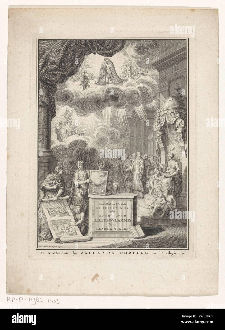 Allegorical representation with love, believers and virgins who face their groom, Jan Caspar Philips, 1736 print The personification of love surrounded by children sitting on a throne. Above her a pigeon as a symbol of the Holy Spirit. With her right hand she points towards a group of believers. To the left of it the heavenly kingdom where virgins are approaching their groom. In the foreground an altar with the book title, on which a burning heart and incense stand. Two female personifications with grain and olive branch are on the left with images of the earth, the Last Supper and Christ's cr Stock Photo
