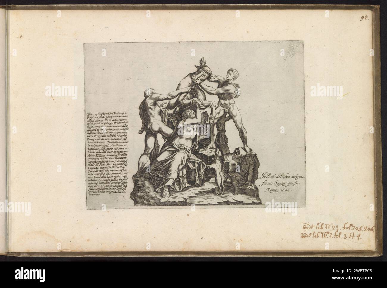 Dirce is bound to a bull, Anonymous, 1641 print Antique sculpture known as the Farnese bull. The Amphion and Stehus brothers tie the braided hair of Dirce to the horns of a bull. Caption in Latin. Print is part of an album.  paper engraving piece of sculpture, reproduction of a piece of sculpture. Amphion and Zethus avenge their mother by tying Dirce to the horns of a bull Stock Photo