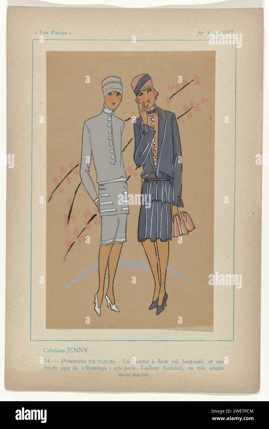 Very Parisian, 1927 No. 3, pl. 4: Creations Jenny - Pommiers et Fleurs, 1927  Gray ensemble from sweater with high collar and tight skirt; Tailleur in navy blue, from fashion house Jenny. Print from the fashion magazine Très Parisien ... La Mode, Le Chic, L'élégance (1920-1936)  paper letterpress printing fashion plates. ensembles of pieces of clothing (TAILLEUR) (+ women's clothes). skirt (+ women's clothes). clothing for the upper part of the body (SWEATER) (+ women's clothes) Stock Photo
