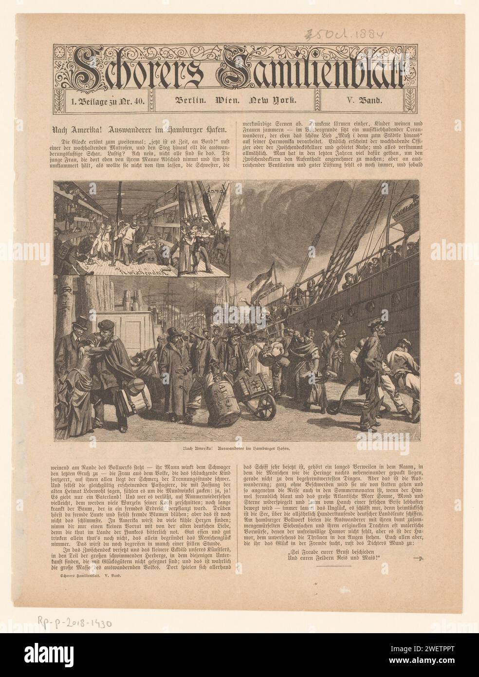 Page from 'Schorers Familienblatt', with the departure of German immigrants to America in the port of Hamburg, Richard Bong, 1884 print With German text on Verso.  paper letterpress printing passenger liner. immigration. waving farewell  departure on a journey Hamburg Stock Photo