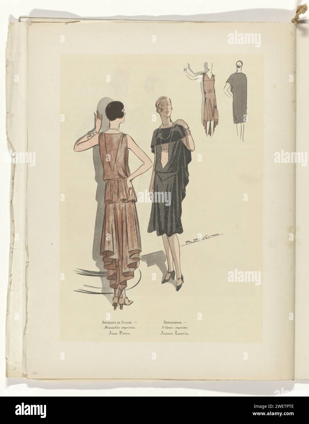 Art - Taste - Beauty, female elegance sheets, March 1929, No. 103, 9th year, p. 24, R. Drivon, 1929 magazine Two women, dressed in Jean Patou dresses (dress of printed musleline) and Jeanne Lanvin (dress of printed velvet, with stole. Page from the fashion magazine Art-Goût-Beauté (1920-1933).  paper  fashion plates. dress, gown: evening dress (+ women's clothes). necklace (+ women's clothes). bracelet, wristlet (+ women's clothes) Stock Photo