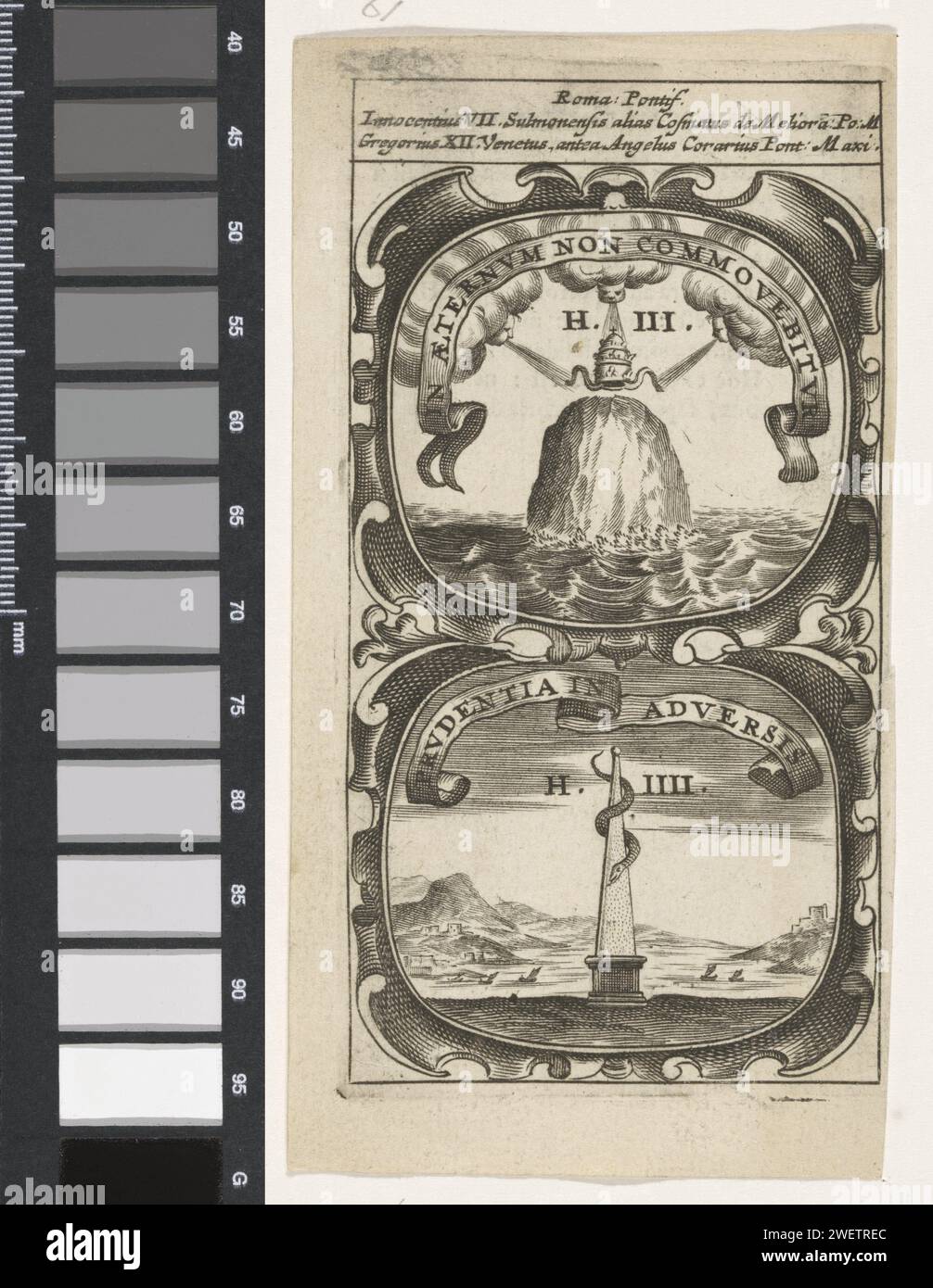 Tiara above a rock in the water / obelisk with snake, anonymous, after aegidius sadeler (II), 1666 print An emblem with two performances. Above, three winds hold a tiara above a rock in the water. Under a landscape with an obelisk around which a snake winds. These are the currents of Pope Innocentius VII and Gregorius XII.  paper engraving / letterpress printing diadem, tiara. wind as a human face, blowing with rounded cheeks. rocks. obelisk, needle. snakes Stock Photo