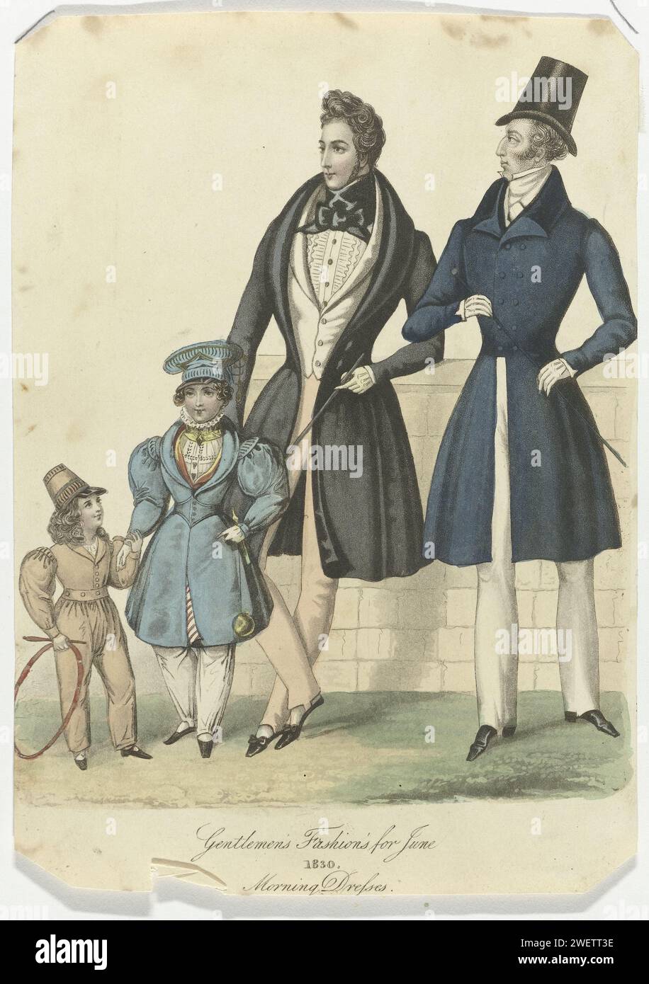 Gentlemen's Fashions for June 1830 : Morning Dresses, 1830 Men's fashion  for June 1830. Costumes for the morning. Two men and two boys stand by a  wall. Man in jacket and cardigan
