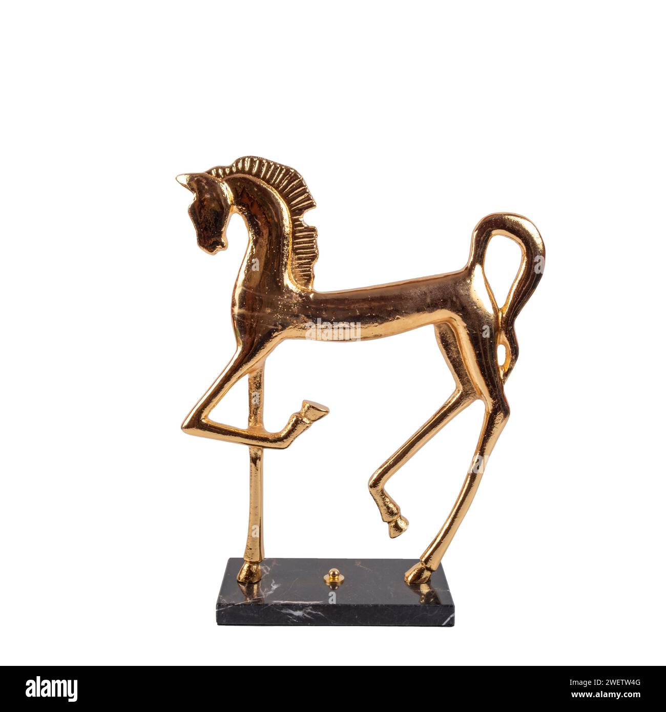 decorative ancient horse figure metal statue on marble stone isolated
