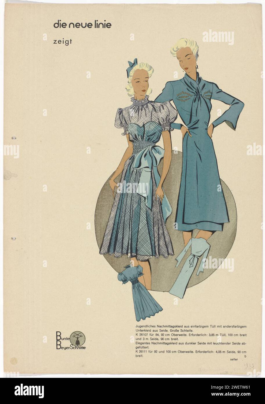 Chic 1933 women's fashions dress color illustration green blue white day  wear vintage style…
