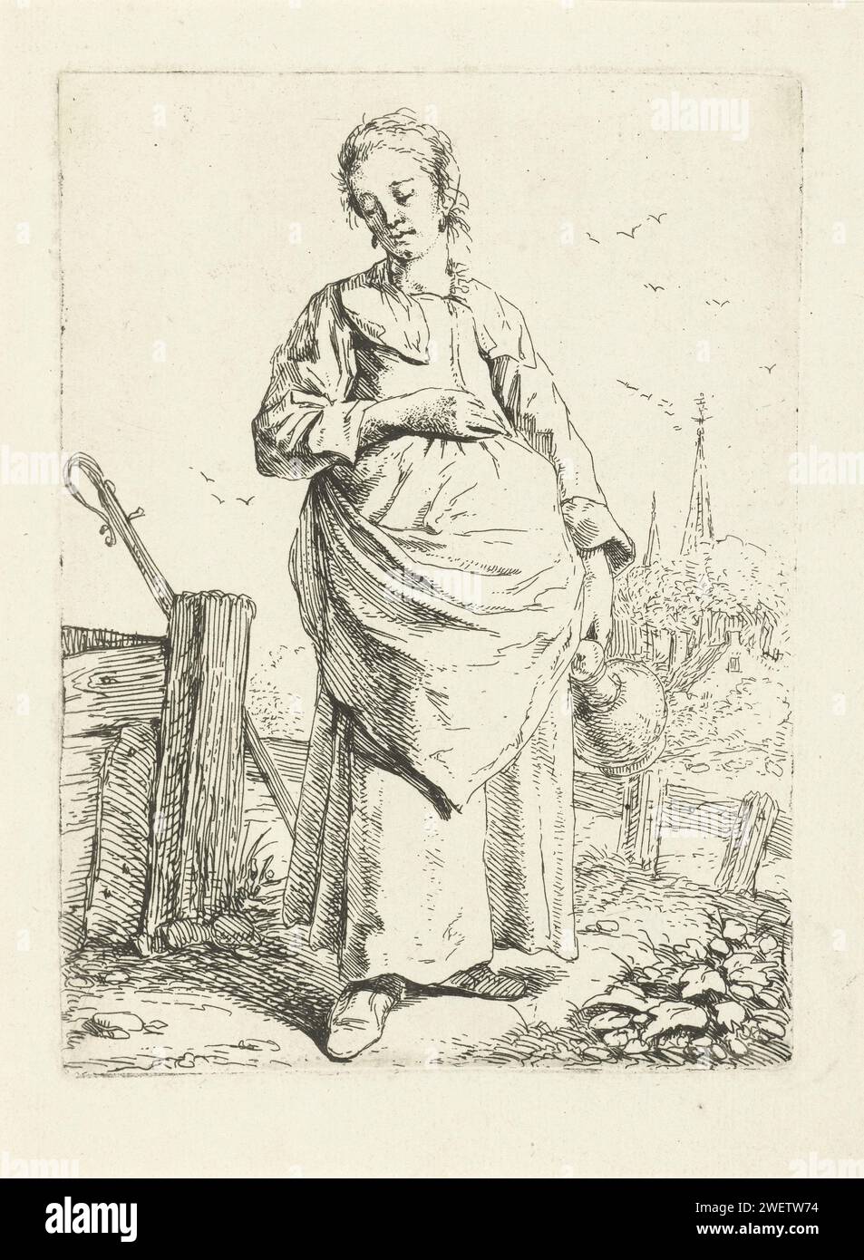 Standing woman with jug, Leendert van der Cooghen, in or after 1664 print   paper etching jar, jug (used as drinking-vessel) Stock Photo