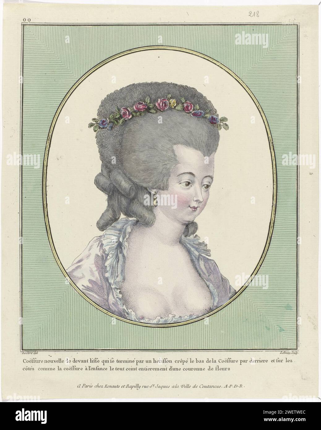 Coiffures, Poufs, Hats and Bonnets: Eleven Coiffures and Headdresses, 1781  Vrouwenbust deep cleavage, in oval. Coiffure where the hair is combed smoothly backwards, has been pulled on top as 'Hérisson' and has curls on the rear and sides such as a haircut 'à l'Enfance'. The whole is decorated with a crown of flowers. Earring in the right ear. Print from the OO series. 38th Cahier des Costumes Français, 9th Suite des Coeffures à la Mode and 1781, Gallerie des Modes et Costumes Français.  paper engraving fashion plates. styles of hairdress (HERISSON) - AA -  women. ear-rings (+ women's clothes Stock Photo