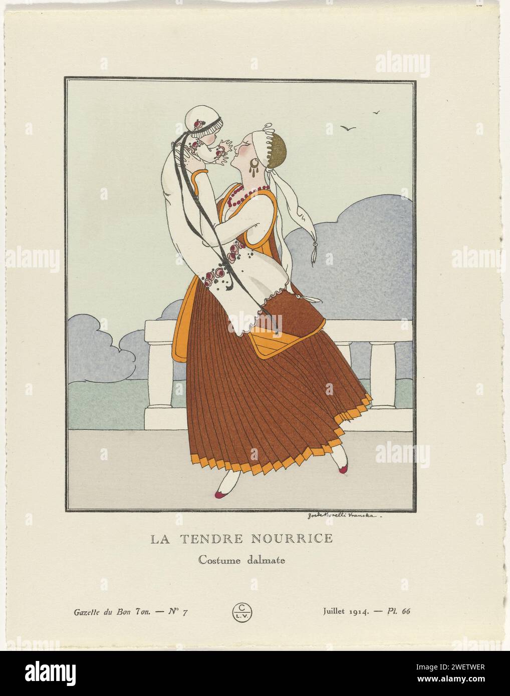 Newspaper du Bon Ton, 1914 - No. 7, pl. 66: La Tendle Nourrice / Costum Dalmate, Ze de Borelli-Vranska, 1914  Woman in costume of Dalmatia, dressed in a dress fell off with a woolen galon and a chemise of écru-colored canvas. She holds a baby in her arms. Planche 66 from Gazette du Bon Ton 1914, No. 7. Explanation about the clothing on page 'Explication des planches'.  paper letterpress printing fashion plates. dress, gown (+ women's clothes). head-gear (+ women's clothes). mother playing with baby (fondling, dandling, crooning) - AA - other person than mother playing with baby. clothes, costu Stock Photo