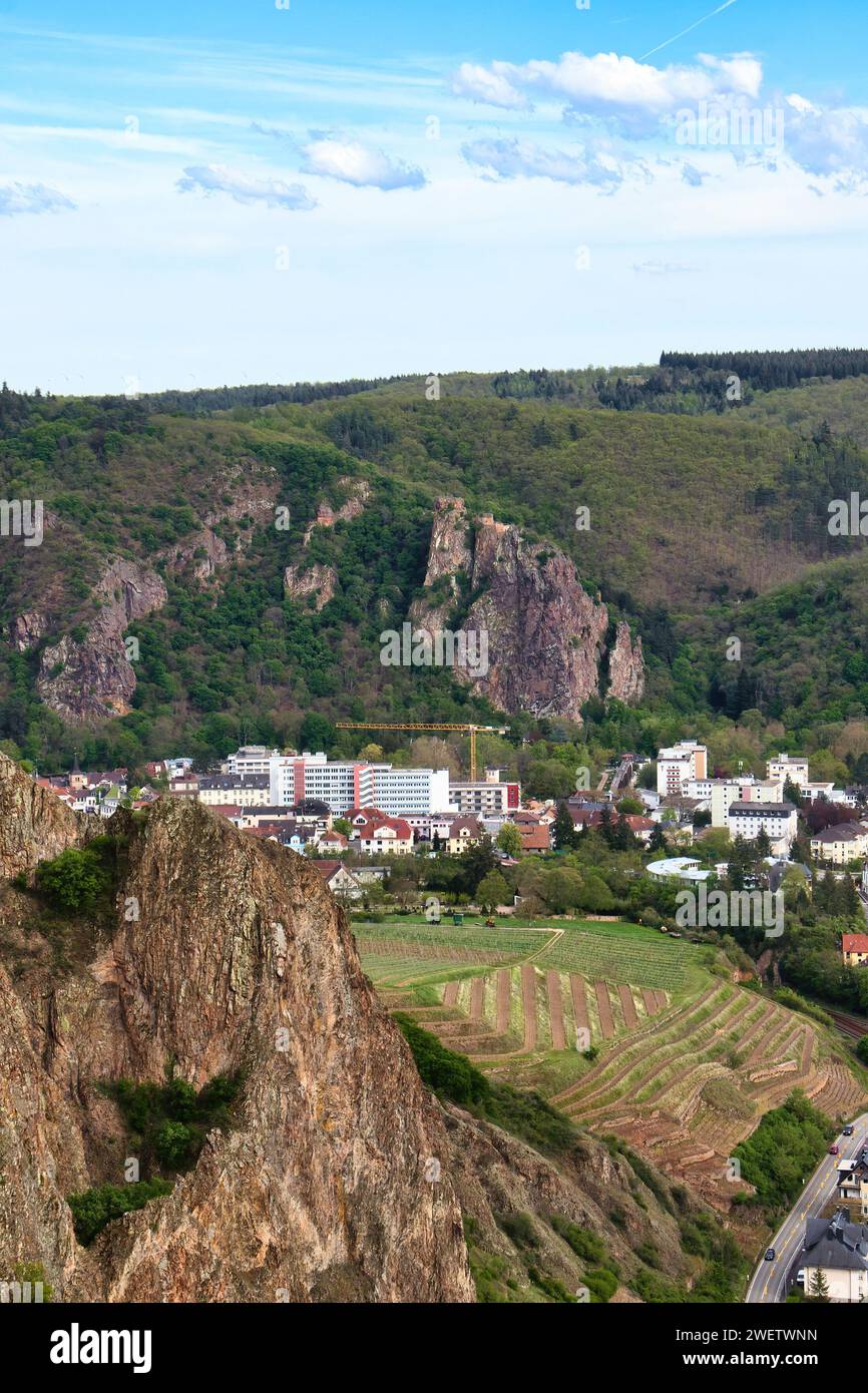 Bad Munster, Germany - May 9, 2021: Buildings below Rotenfels in Bad Munster on a spring day in Germany. Stock Photo