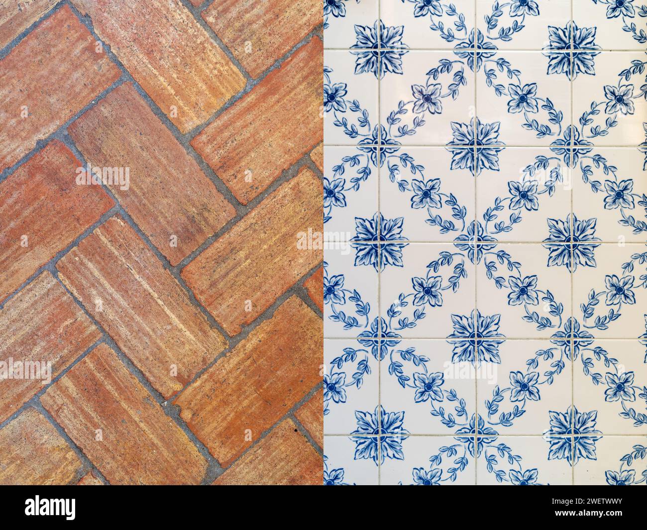 Traditional portuguese background texture. Typical decorative tiles azulejos and santa catarina terracotta foor rustic tiles Stock Photo