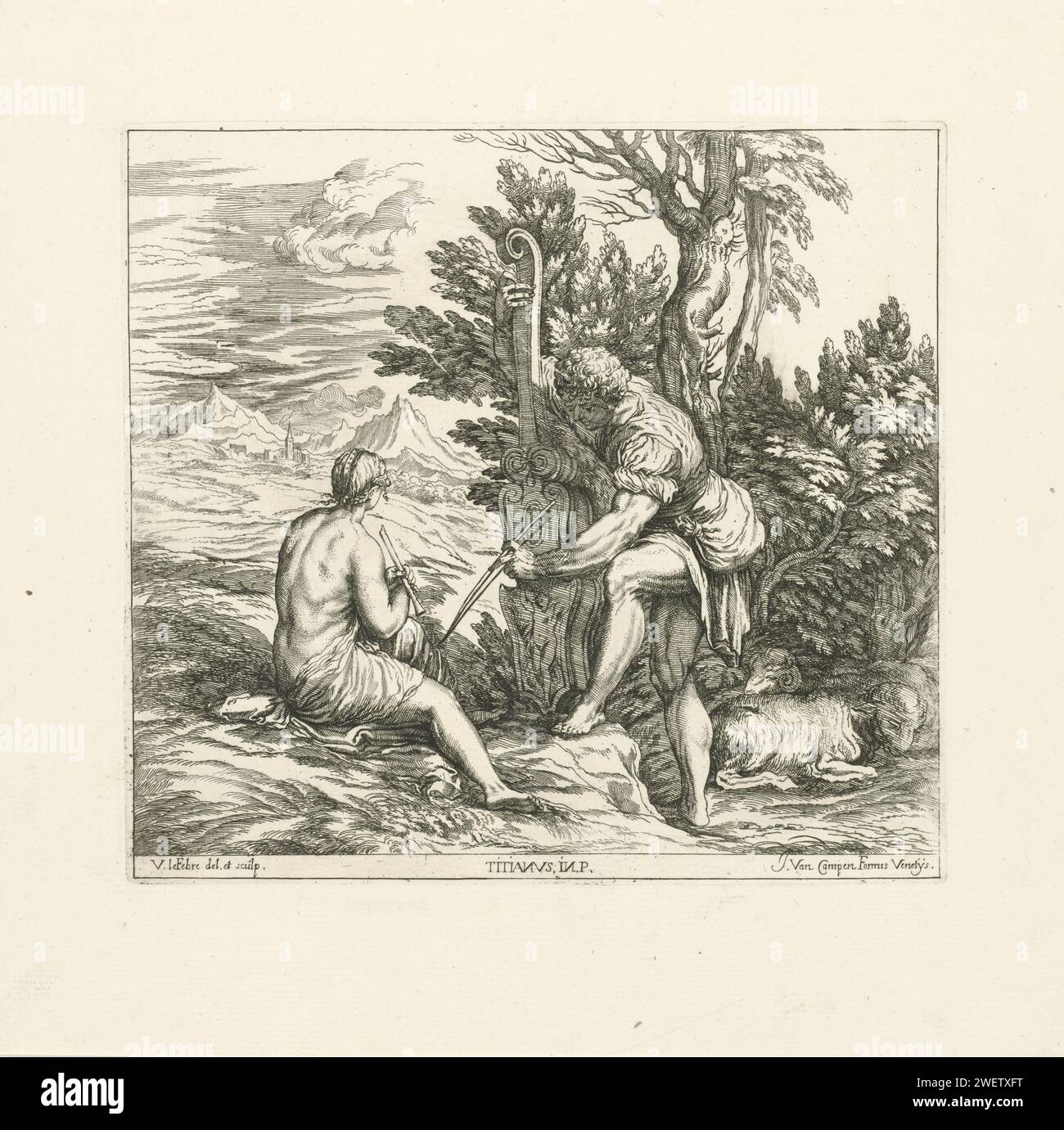 Music in the open air, Valentin Lefèbvre, After Titian, 1682 print A young man plays a bass gamba in a landscape. A woman, seen on the back, sits next to him with a flute in her hand. The print is part of a 53-part series of prints to paintings by Titian and Veronese.  paper etching small group of musicians, chamber orchestra, jazz band - CC - 'concert champÃªtre'. sheep. mountains Stock Photo