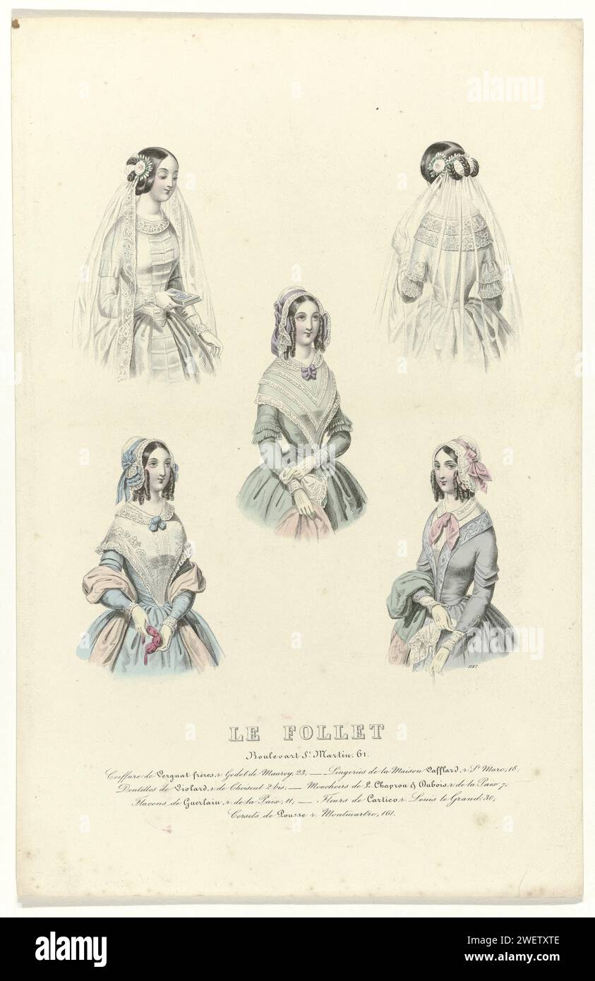 Le Bollet, 1841, No. 1287: Coiffure de Verguat (...), 1841  Five women, half of whom two are dressed in a wedding gown with veil. According to the caption, the hairstyles are from forguat frères. Below some lines of advertising text for different products. Print from the fashion time shift Le Follet (1829-1882)  paper engraving fashion plates. dress, gown (+ women's clothes). head-gear (+ women's clothes). styles of hairdress - AA -  women. handkerchief (+ women's clothes). veil (+ women's clothes). neck-gear  clothing (+ women's clothes). clothing for the upper part of the body (+ women's c Stock Photo