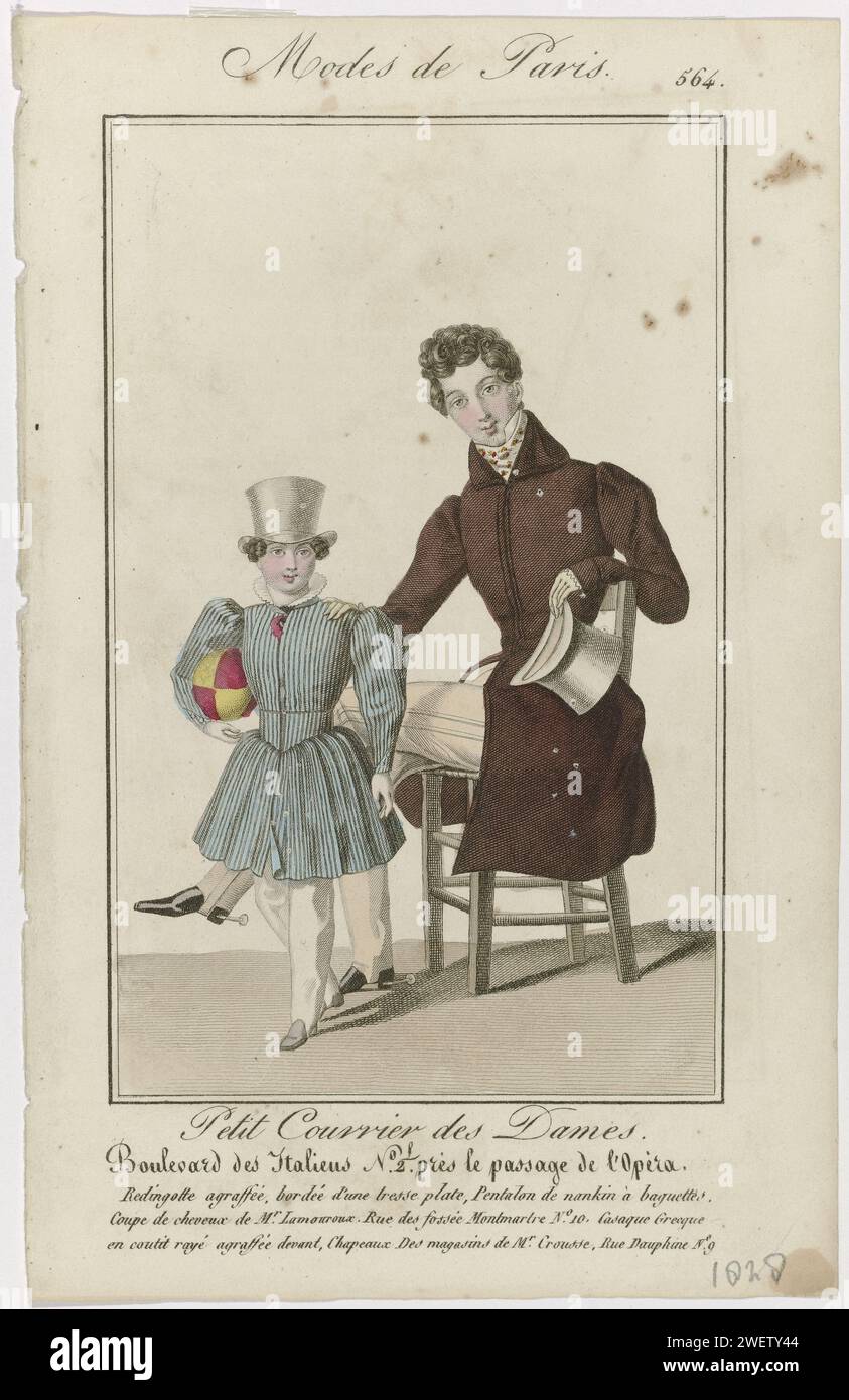 Small mail of the ladies, 1828, no. 564: swallowed frown (...), 1828  Man: closed redingote, trimmed with a flat tres. Span pants from 'Nankin' with stripes on the side. Haircut by Mr Lamouroux. Accessories: knotted neck cloth, gloves, shoes with heels and traces. Boy: 'Casaque Grecque' of striped 'Coutit', closed from the front. Span pants. Shoes with square noses. Ball in hand. High hats from the MR Crousse stores. Print from the fashion magazine Petit Courrier des Dames (1821-1868).  paper engraving fashion plates. coat (+ men's clothes). head-gear: hat (+ men's clothes). neck-gear  clothi Stock Photo