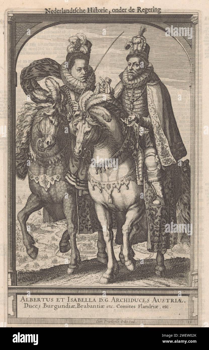 Equestrian portrait of Albrecht, Archduke of Austria, and Isabella Clara Eugenia, Infante of Spain, Anonymous, 1600 - 1699 print Bottom right: 13.  paper etching / letterpress printing knighthood order of the Golden Fleece - insignia of a knighthood order, e.g.: badge, chain (with NAME of order) Stock Photo