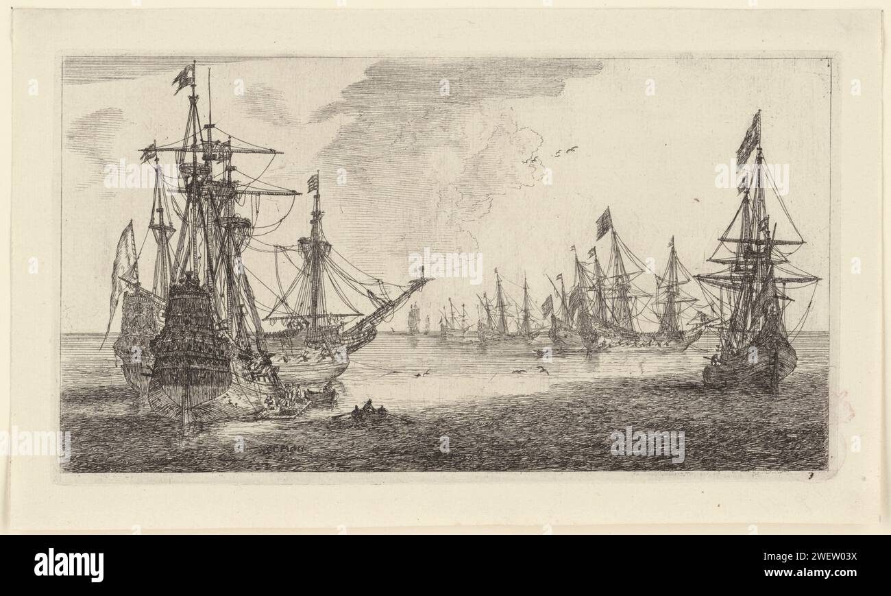Fleet of Dutch ships, Reinier Nooms, 1652 print Two merchant ships with guns and a whistle ship for anchor. Behind it four large ships for anchor and two sailing ships.  paper etching sailing-ship, sailing-boat (with NAME). sailing-ship, sailing-boat (with NAME) Stock Photo