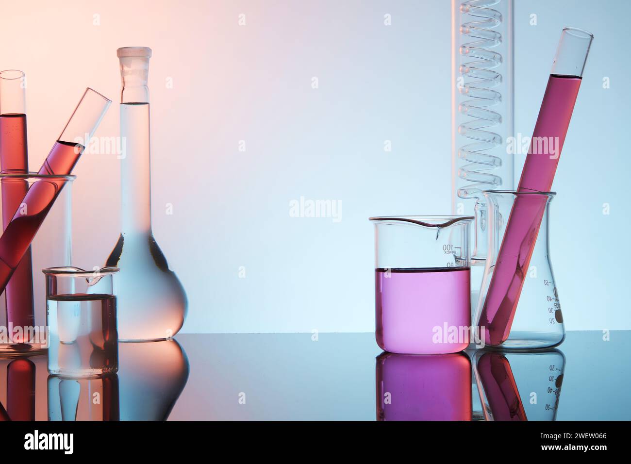 Front view of laboratory equipment test tube, beaker and boiling